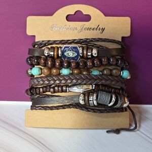 Leather Stack Multi Layer Bracelet Set Unisex OS Leather Wood Bead Boho Tribal